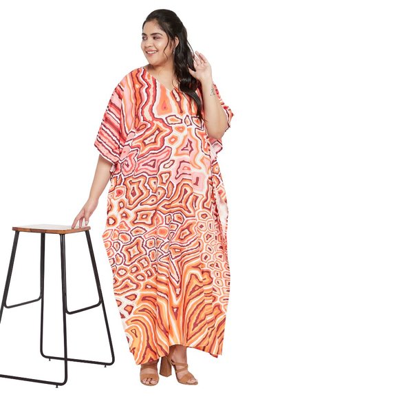 Gypsie Blu Women Polyester Orange Abstract Printed Caftan Dress Stylish Maxi - Picture 7 of 10